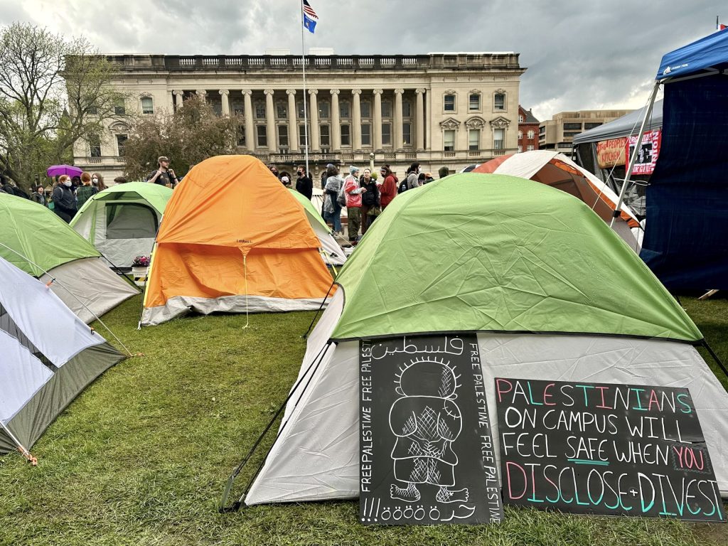 Tents are on Library Mall as part of a pro-Palestinian encampment at UW-Madison on Thursday, May 2. Anya van Wagtendonk/WPR