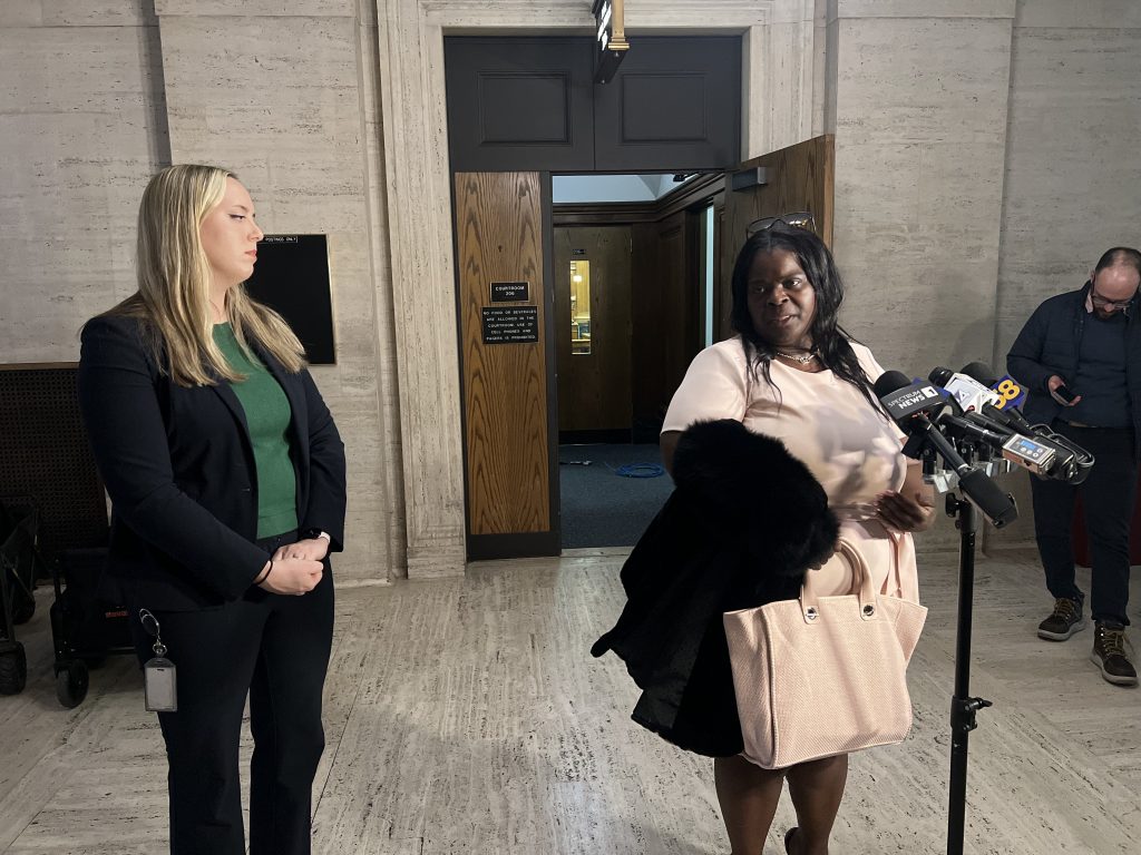 Charlene Abughrin (right) and WILL associate counsel Lauren Greuel after SRO hearing. Photo by Jeramey Jannene.