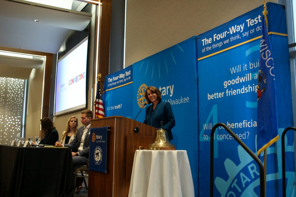 Dane County Judge Susan Crawford speaks at an event held by the Rotary Club of Milwaukee and Milwaukee Press Club as she campaigns for Wisconsin Supreme Court. (Photo by Henry Redman/Wisconsin Examiner)