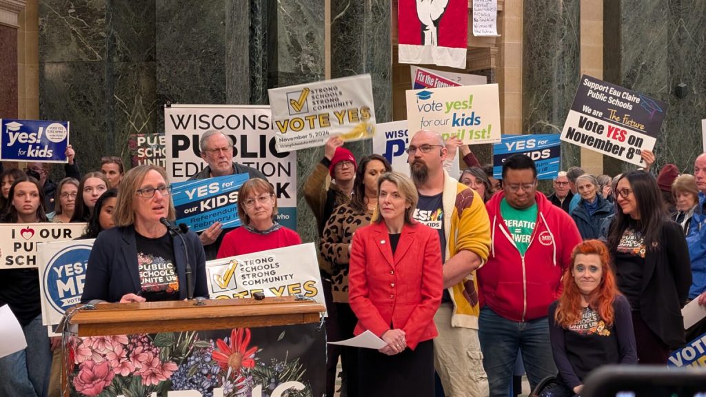 The rally in the rotunda of the Wisconsin State Capitol was a chance for speakers to share their experiences of going to referendum. Photo by Baylor Spears/Wisconsin Examiner.