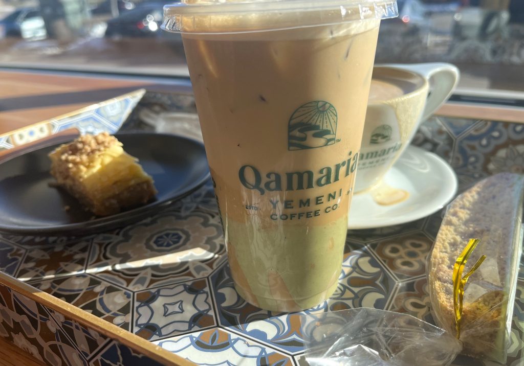 Pistachio latte from Qamaria Yemeni Coffee Co. Photo taken Feb. 18, 2024 by Sophie Bolich.