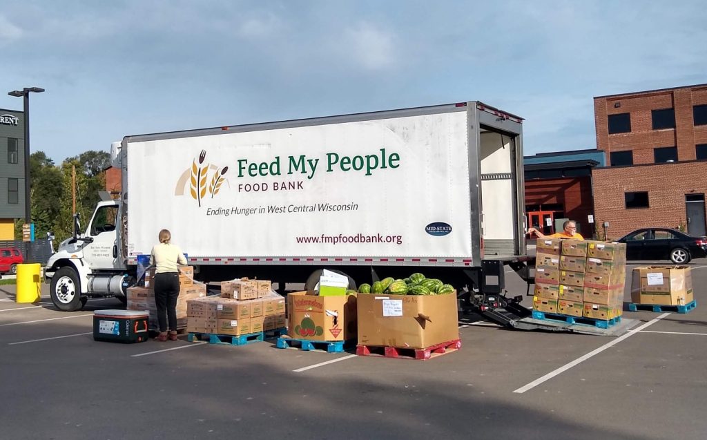 Feed My People Food Bank in Eau Claire hosts pop-up events where people can pick up an assortment of groceries including fresh produce, meat and pantry items. Photo courtesy of Feed My People Food Bank