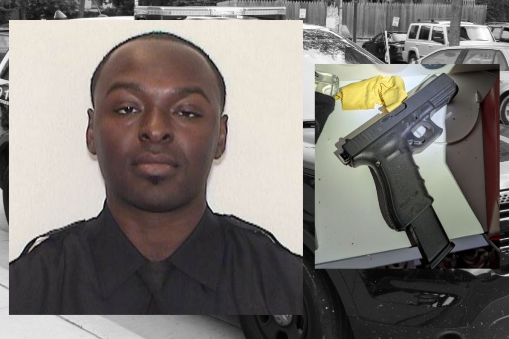 Juwon Madlock and a Glock with machine gun modifier recovered from his residence. Photo of Madlock from MPD, photo of Glock from criminal complaint.