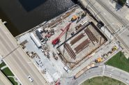 The development of the Downtown Dog Park and Foxtown Landing from above. Photo by Jeramey Jannene.