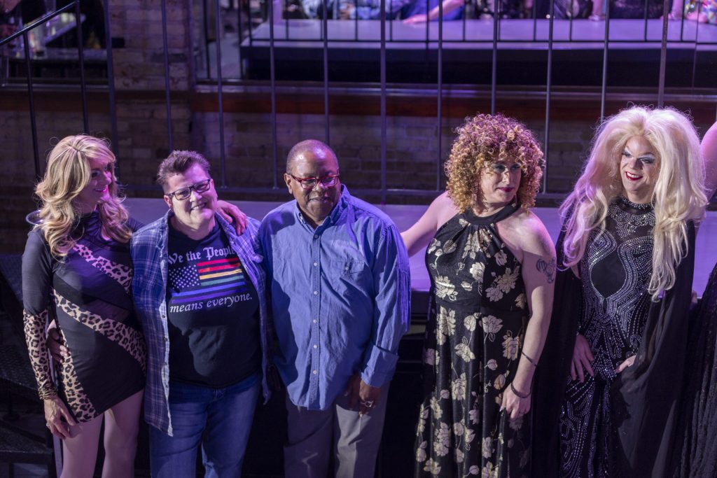 Performers pose together at a fundraiser for LGBTQ+ pioneer Sharon Dixon on March 30, 2025 at La Cage nightclub in Milwaukee. From left to right: Britney Morgan, Dianna Jones, Corky Morgan, Judy Bownz and Esther Talopram. Cormac Kehoe/Wisconsin LGBTQ History Project