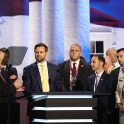 J.D. Vance (center left) appeared on stage at Fiserv Forum Tuesday afternoon. Photo taken July 16, 2024 by Sophie Bolich.