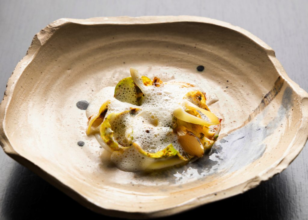 White Asparagus with brussel sprouts, leeks and charmoula at EsterEv. Photo by Kevin J. Miyazaki.