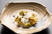 White Asparagus with brussel sprouts, leeks and charmoula at EsterEv. Photo by Kevin J. Miyazaki.