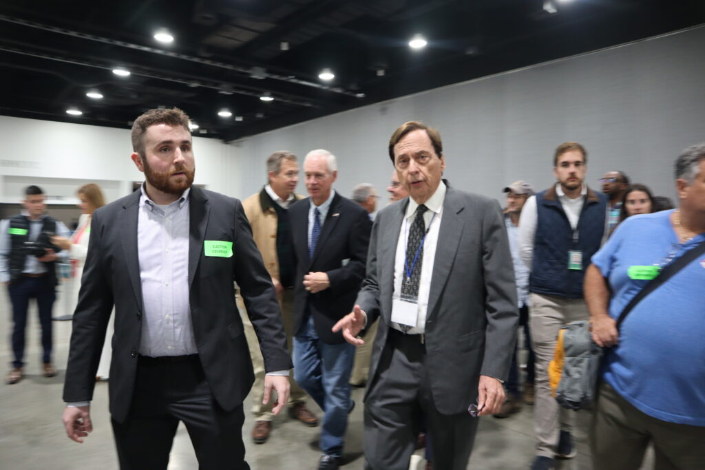 Wisconsin Elections Commissioner Robert Spindell arrives at Milwaukee Central Count with Sen. Ron Johnson (Photo | Isiah Holmes)