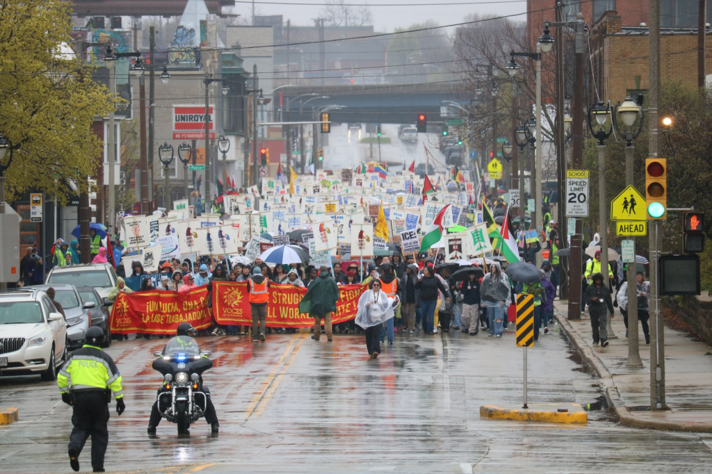 Protesters march in support of immigrant and workers rights on May 1, 2025. Photo by Sophie Bolich.