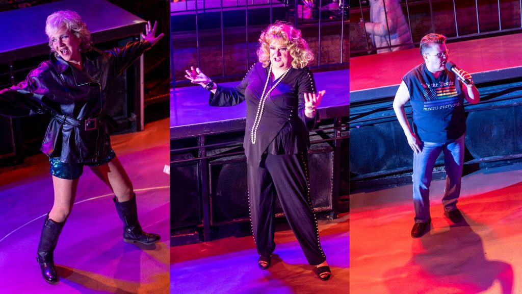 From left to right, Diane “Legs” Gregory, Karen Valentine and Dianna Jones perform at a fundraiser for LGBTQ+ pioneer Sharon Dixon on March 30, 2025 at La Cage nightclub in Milwaukee. Cormac Kehoe/Wisconsin LGBTQ History Project