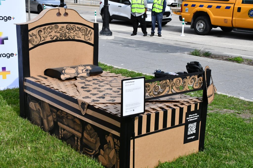 'Unsheltered' bed by Olivia Lorber and Reese Rousseau for Courage+. Photo by Jeramey Jannene.