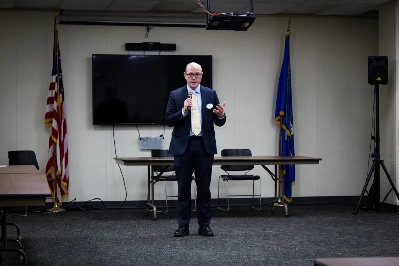 Wisconsin Department of Children and Families Secretary Jeff Pertl speaks at a public hearing on the Social Development Commission on April 4 at the Milwaukee State Office Building, 819 N. 6th St. (Photo by PrincessSafiya Byers)