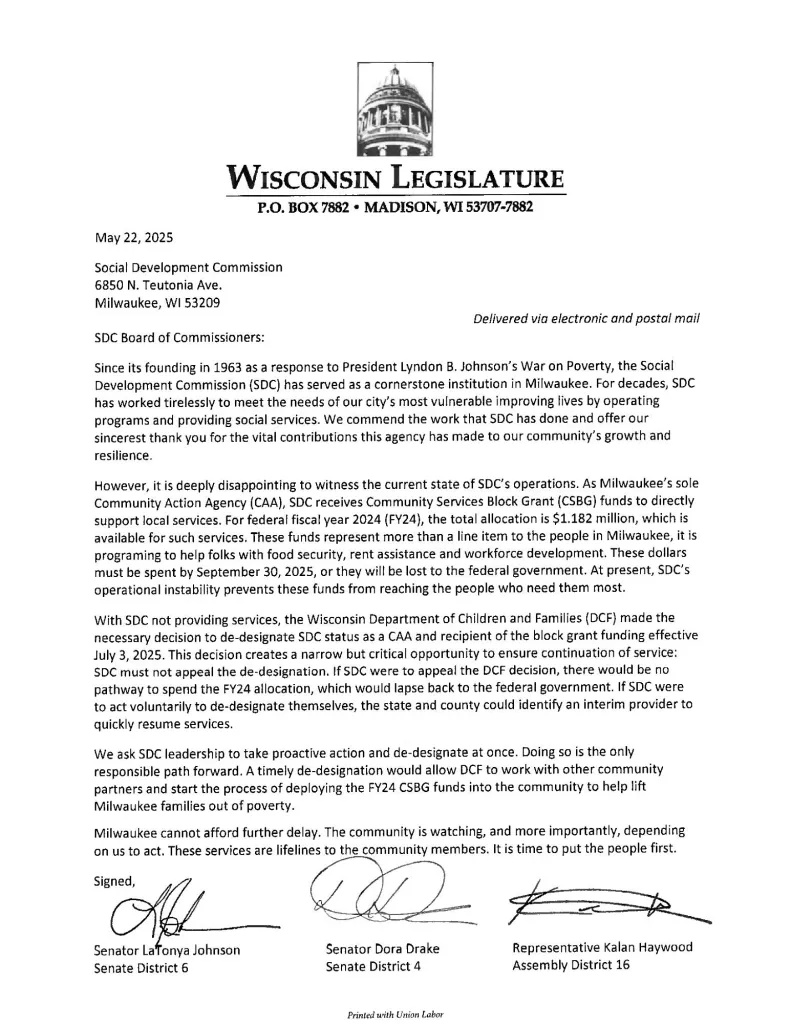 A letter from State Sen. LaTonya Johnson, State Sen. Dora Drake and State Rep. Kalan Haywood to the Social Development Commission’s board. (Photo provided by the office of State Sen. LaTonya Johnson)