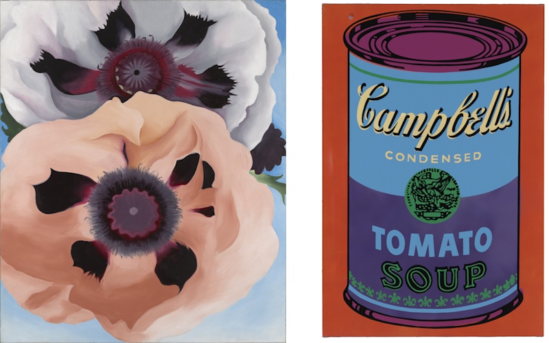 (Left) Georgia O'Keeffe (American, 1887–1986), Poppies, 1950. Oil on canvas. 36 × 30 in. (91.44 × 76.2 cm). Milwaukee Art Museum, Gift of Mrs. Harry Lynde Bradley, M1977.133 © 2025 Georgia O'Keeffe Museum / Artists Rights Society (ARS), New York • (Right) Andy Warhol (American, 1928–1987), Campbell's Soup, 1965. Acrylic on canvas. 36 × 24 in. (91.44 × 60.96 cm). Milwaukee Art Museum, Gift of Mrs. Harry Lynde Bradley, M1977.157 © 2025 The Andy Warhol Foundation for the Visual Arts, Inc. / Licensed by Artists Rights Society (ARS), New York