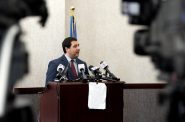 State Attorney General Josh Kaul addresses reporters in 2023 at the Dane County Courthouse in Madison, Wis. <em>Angela Major/WPR</em>