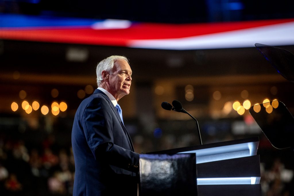 Sen. Ron Johnson speaks at the RNC on Monday, July 15, 2024, at the Fiserv Forum in Milwaukee, Wis. Angela Major/WPR