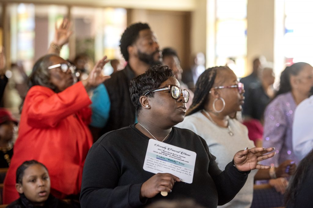 Members of the O.W.’s Exalters perform Sunday, April 27, 2025, at Holy Temple Firstborn Missionary Baptist Church in Milwaukee, Wis. Angela Major/WPR