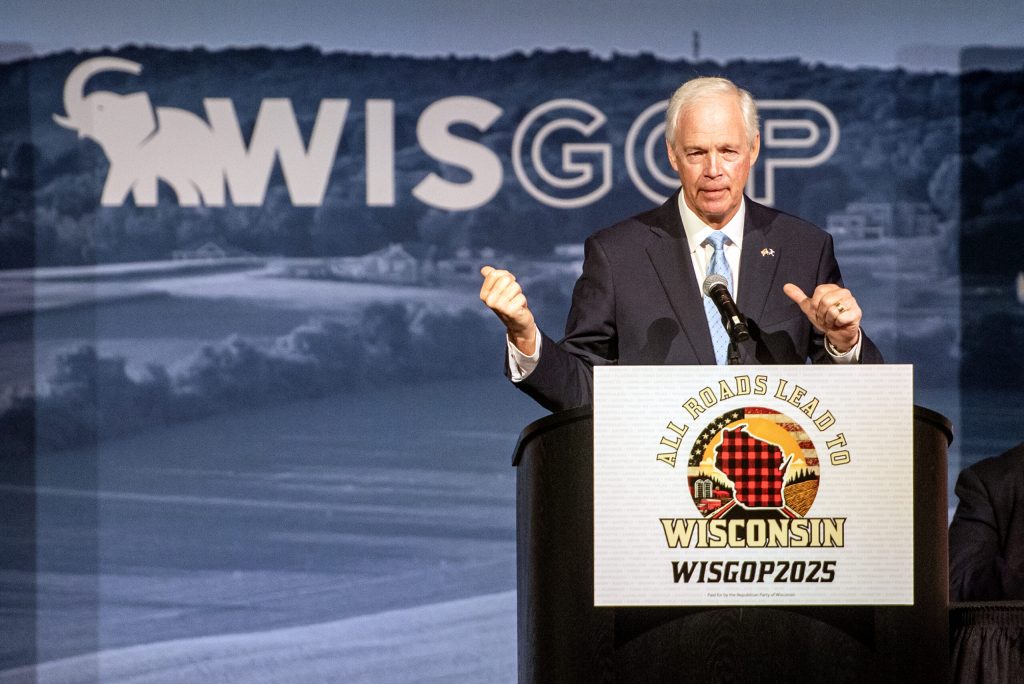 Sen. Ron Johnson speaks Saturday, May 17, 2025, at the Republican Party of Wisconsin State Convention in Rothschild, Wis. Angela Major/WPR