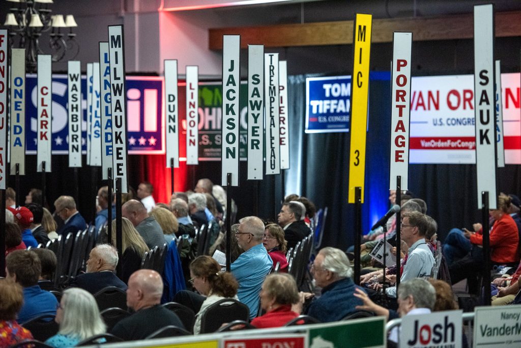 Attendees from all over Wisconsin listen to speakers Saturday, May 17, 2025, during the Republican Party of Wisconsin State Convention in Rothschild, Wis. Angela Major/WPR