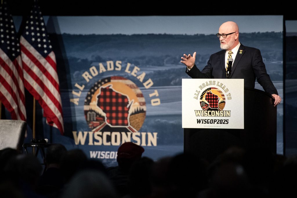 US Rep. Derrick Van Orden speaks Saturday, May 17, 2025, during the Republican Party of Wisconsin State Convention in Rothschild, Wis. Angela Major/WPR
