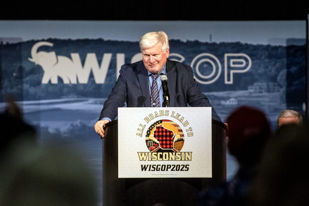 US Rep. Glenn Grothman speaks Saturday, May 17, 2025, during the Republican Party of Wisconsin State Convention in Rothschild, Wis. Angela Major/WPR