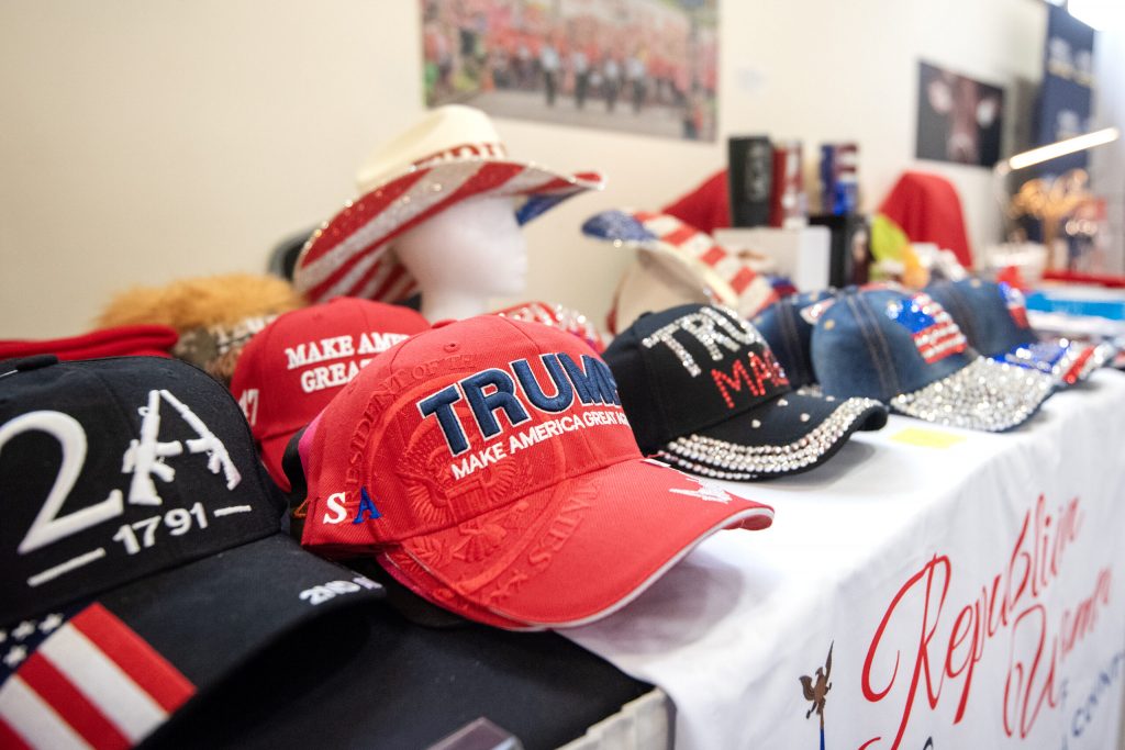 Merchandise is sold Saturday, May 17, 2025, at the Republican Party of Wisconsin State Convention in Rothschild, Wis. Angela Major/WPR