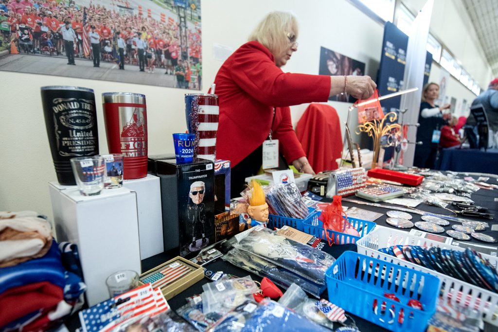 Merchandise is sold Saturday, May 17, 2025, at the Republican Party of Wisconsin State Convention in Rothschild, Wis. Angela Major/WPR
