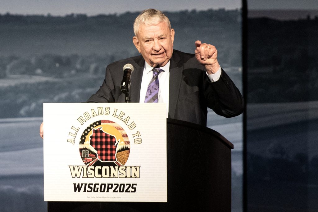 Former Gov. Tommy Thompson speaks Saturday, May 17, 2025, during the Republican Party of Wisconsin State Convention in Rothschild, Wis. Angela Major/WPR