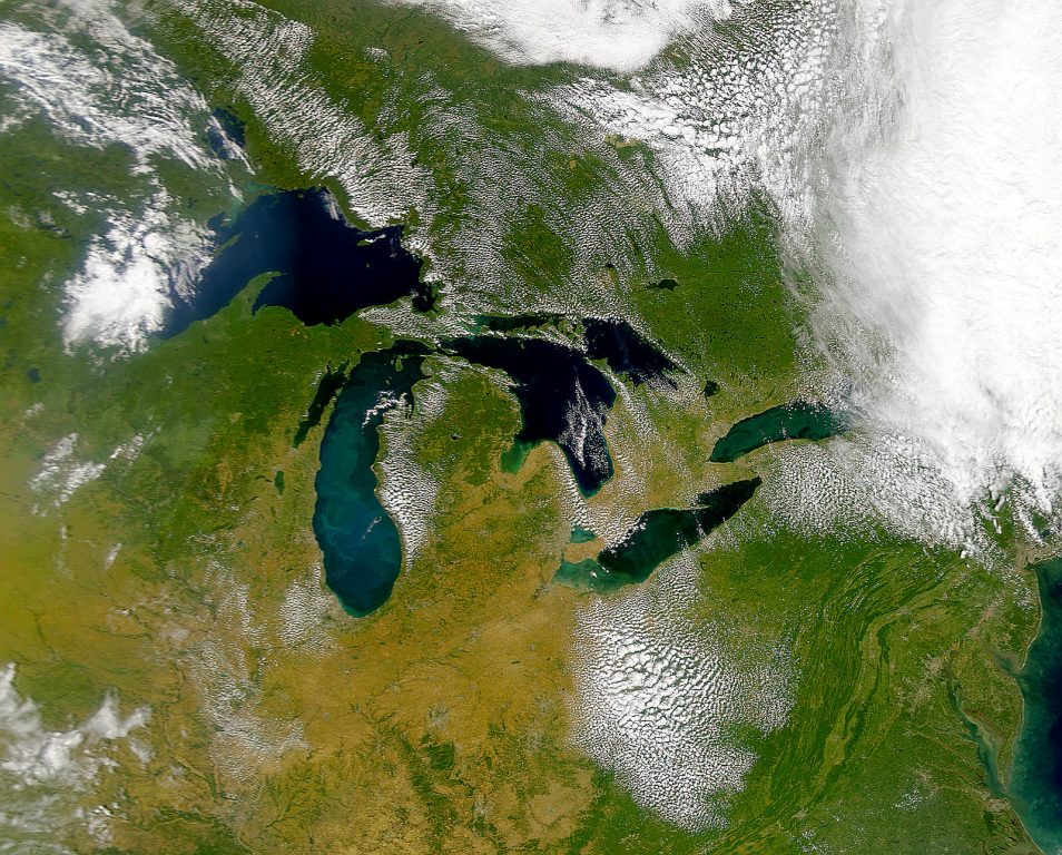 Satellite view of the Great Lakes region from 2013. Photo courtesy of the National Oceanic and Atmospheric Administration’s Great Lakes Region