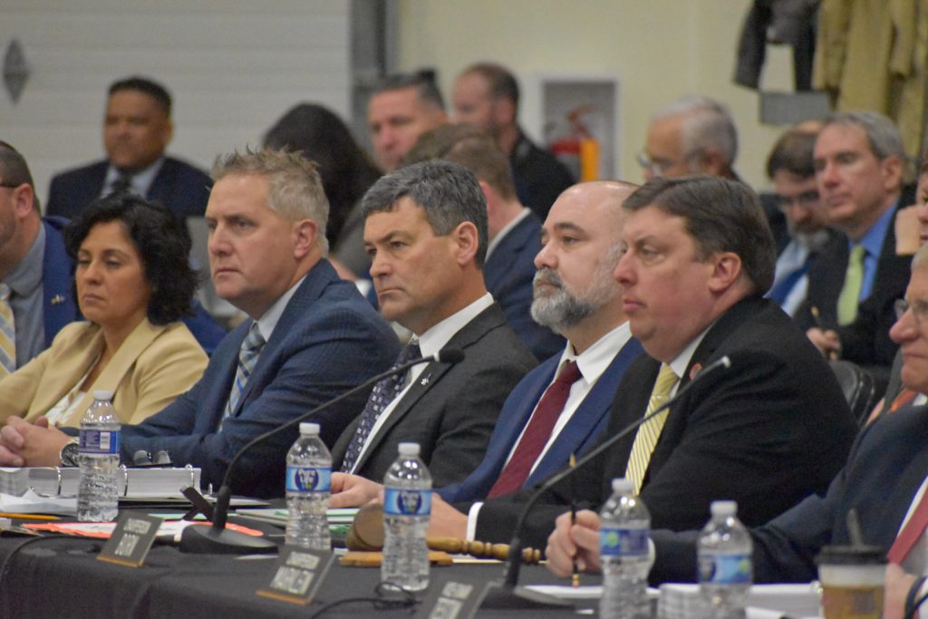 Wisconsin state lawmakers listen to constituents during a public hearing on the 2025-27 state budget at Kaukauna High School on Wednesday, April 2, 2025. Joe Schulz/WPR