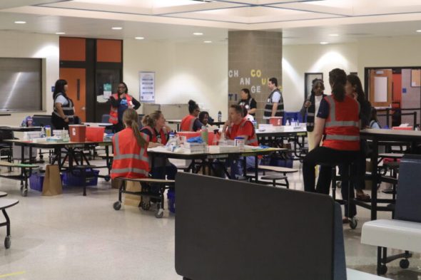 A lead screening clinic established in the cafeteria of Milwaukee’s North Division High School. (Photo by Isiah Holmes/Wisconsin Examiner)