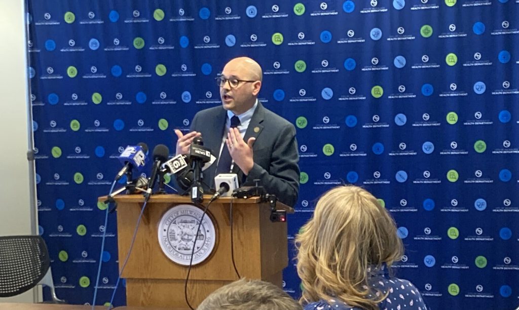 Mike Totoraitis, the Milwaukee’s health commissioner, speaks to reporters on April 14, 2025. Anna Marie Yanny/WPR