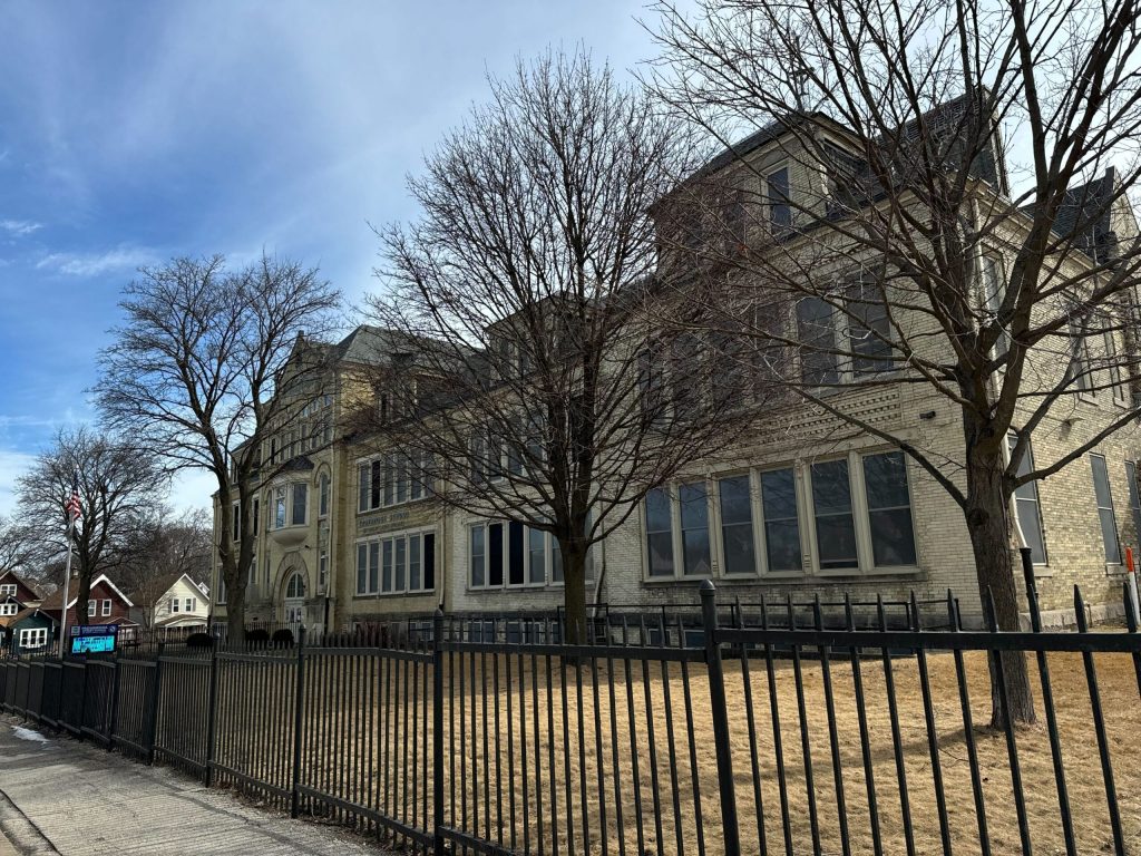 The Trowbridge Street School of Great Lakes Studies, which had to temporarily close due to unsafe levels of lead, pictured on Feb. 28, 2025. Evan Casey/WPR