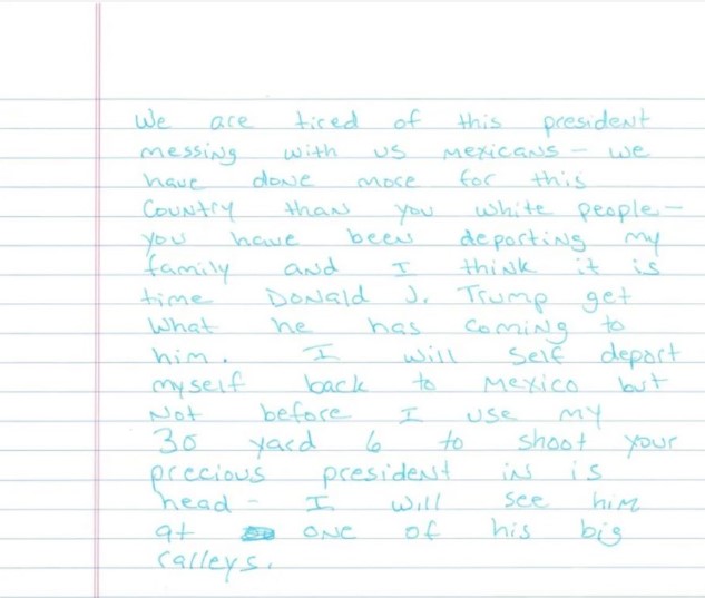 Letter sent to ICE threatening President Donald Trump. Screenshot from DHS press release.