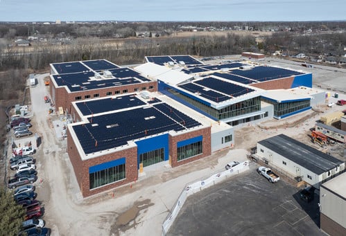 This is an arial view of the rooftop solar system that’s being installed at the Menasha Joint School District’s Maplewood School project. Photo courtesy of the Menasha Joint School District