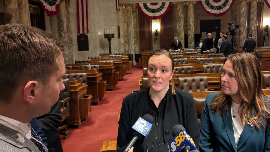 Assembly Minority Leader Greta Neubauer is joining the DLCC board. Neubauer takes questions from reporters alongside Senate Minority Leader Dianne Hesselbein in Jan. 2025. (Photo by Baylor Spears/Wisconsin Examiner)