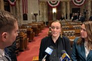 Assembly Minority Leader Greta Neubauer is joining the DLCC board. Neubauer takes questions from reporters alongside Senate Minority Leader Dianne Hesselbein in Jan. 2025. (Photo by Baylor Spears/Wisconsin Examiner)