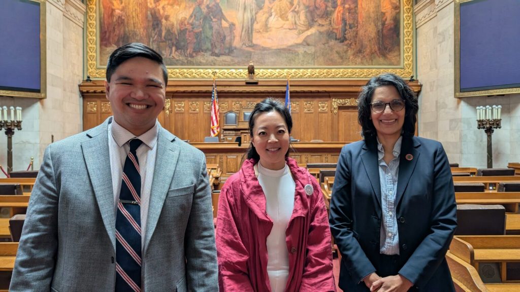 Reps. Angelito Tenorio, Francesca Hong and Renuka Mayadev in the Wisconsin State Assembly chambers. (Photo by Baylor Spears/Wisconsin Examiner)