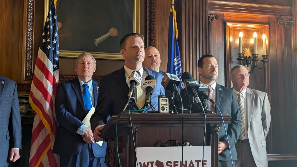 Senate Majority Leader Devin LeMahieu (R-Oostburg) said during a press conference ahead of a Senate floor session Thursday that Evers’ office has had lawmakers’ plan for a tax cut since March and that they have asked Evers for a list of specific items that he would want in the budget to agree to cutting taxes. (Photo by Baylor Spears/Wisconsin Examiner)