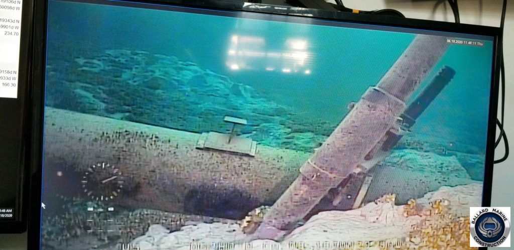 A photo depicting damage to an anchor support on the east leg of Line 5 within the Straits of Mackinac. Photo courtesy of Enbridge via State of Michigan