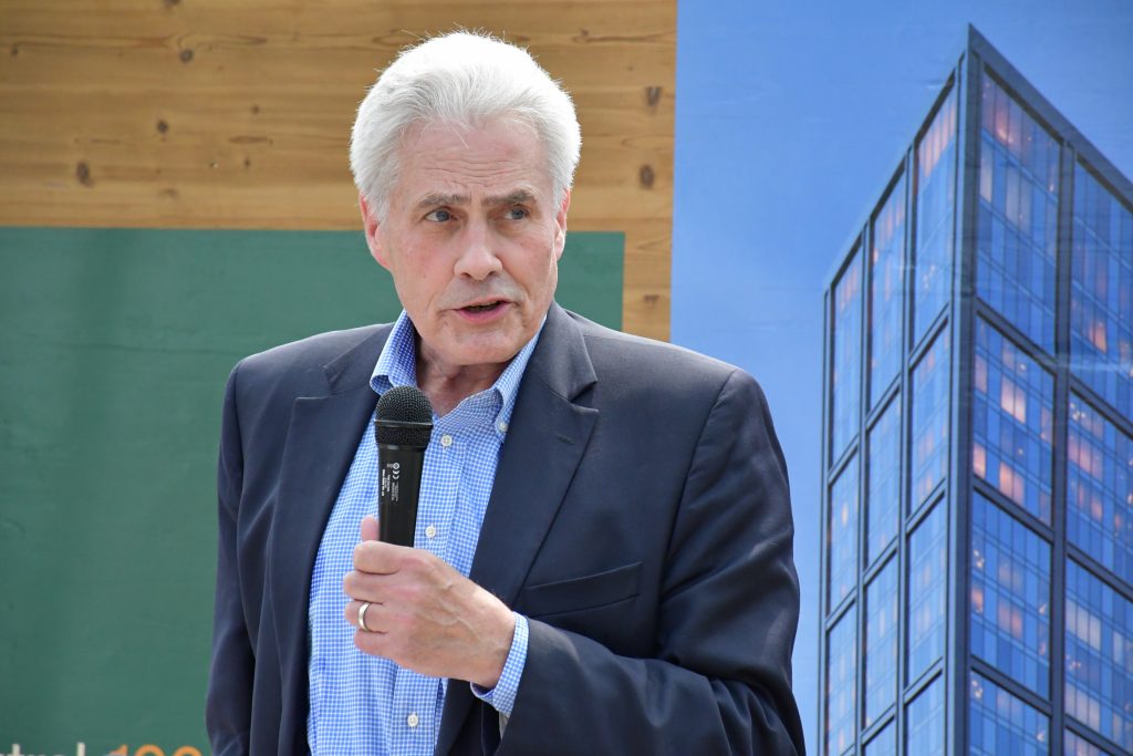 Alderman Robert Bauman speaks at Neutral Edison groundbreaking. Photo by Jeramey Jannene.