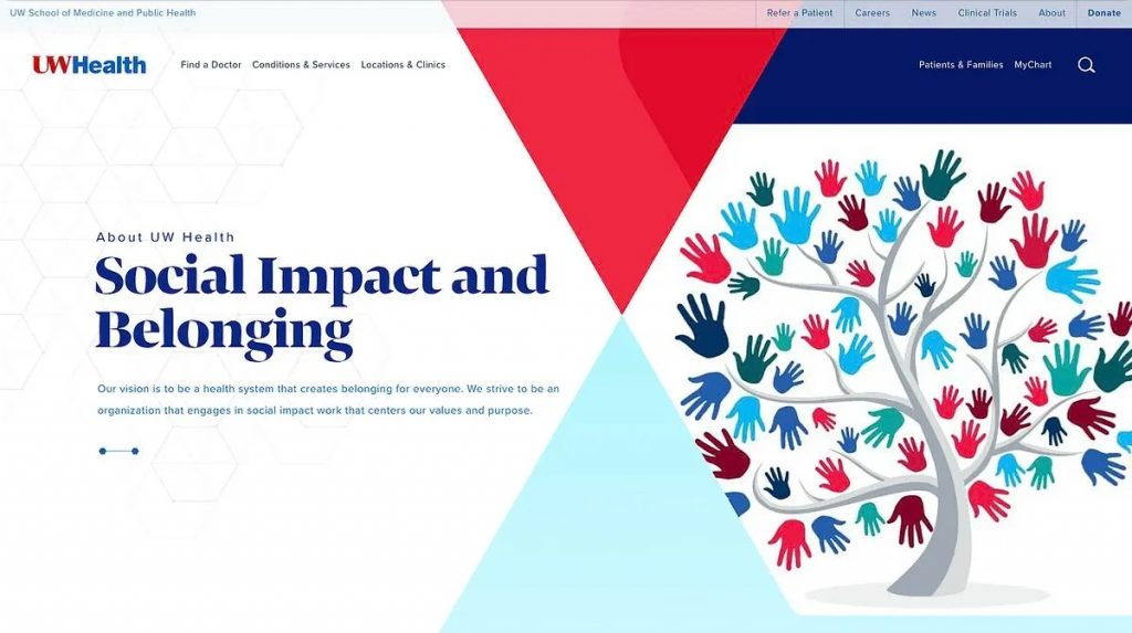The UW Health website as seen on April 15, 2025. The site reads “Social Impact and Belonging,” which was changed from “Diversity, Equity and Inclusion.”