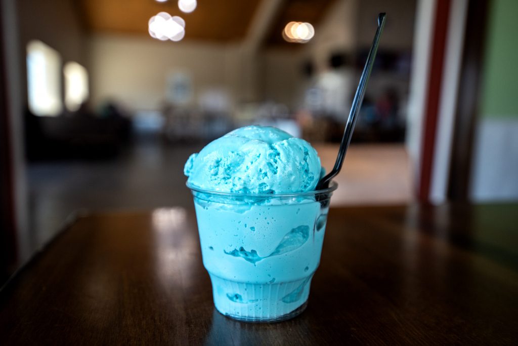 A cup of blue moon ice cream Monday, May 12, 2025, at Sassy Cow Creamery in Columbus, Wis. Angela Major/WPR