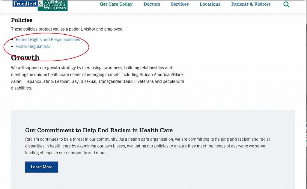 The Froedtert & Medical College of Wisconsin “Diversity and Inclusion” webpage, as seen on March 25, 2025. It is missing the previously included link to its “Equal Employment Opportunity” page. Red circles added by Wisconsin Watch for emphasis.