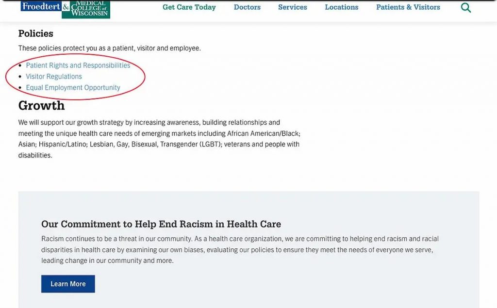 The Froedtert & Medical College of Wisconsin “Diversity and Inclusion” webpage, as seen on March 18, 2025. It shows a link to its “Equal Employment Opportunity” page. Red circles added by Wisconsin Watch for emphasis.