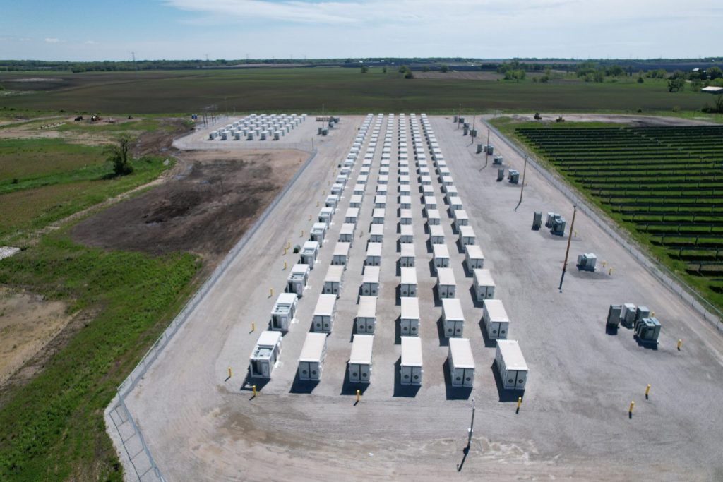 The battery storage systems at the Paris Solar-Battery Park in Kenosha County are seen in this image captured by a drone. Photo courtesy of We Energies