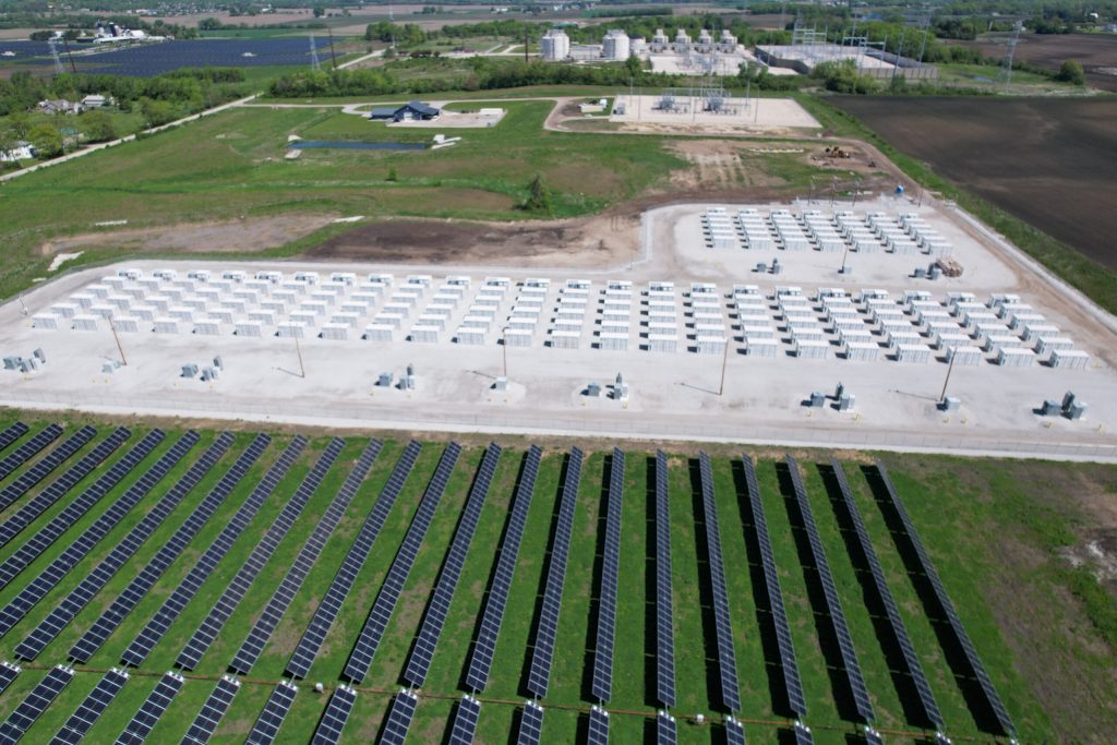 The state’s first large utility-scale battery storage project came online in southeastern Wisconsin in June 2025 at the Paris Solar-Battery Park in Kenosha County. Photo courtesy of We Energies