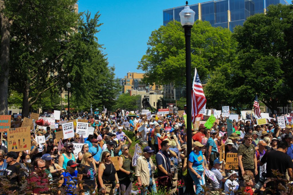 Thousands of protesters gathered at the Wisconsin State Capitol to protest President Donald Trump on Saturday. (Henry Redman | Wisconsin Examiner)