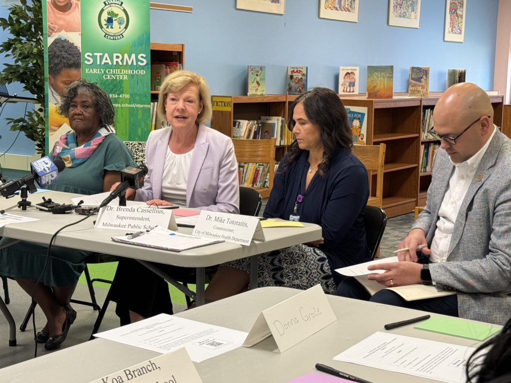U.S. Sen. Tammy Baldwin attended a roundtable about the lead crisis at MPS in Milwaukee on Monday, June 9, 2025. Evan Casey/WPR